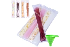 VALART 200 Pcs Sac de Nourriture pour Barres de Popsicle Sacs Jetables Pochettes Popsicle Moule Sacs Popsicle Sacs de Sucettes Glacées avec Entonnoir Sans BPA pour Yaourt Jus ​Fruits Glaces Favors(5.5*28cm)