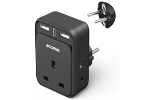 AODENG UK to European Plug Adaptor with 3 USB Ports(1 20W USB C Ports) and 2 Shaver Adapter Plug for Universal Shaver/Toothbrush, European Plug Adapter for Germany Spain Greece Iceland Poland etc (Type E/F)
