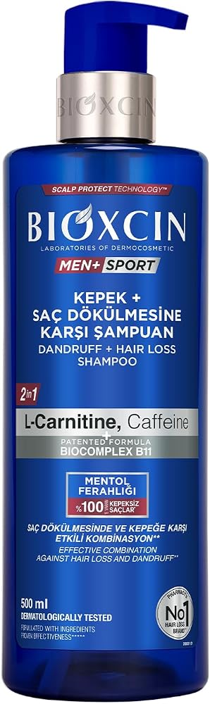 Bioxcin Men+ Sport Kepek + Saç Dökülmesine Karşı Şampuan | L-Carnitine, Kafein, BioComplex B11 | 500 ml | Tüm Saç Tipleri İçin