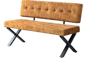 ‎B&D HOME B&D home® Sitzbank Karen 140cm – gepolsterte Esszimmerbank mit Rückenlehne, X-Metallgestell schwarz, Webstoff/Microfaser in Gelb, modern Industrial Design für Esszimmer, Küche & Flur