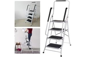 HUINI 4 Stufen Klappleiter mit Handlauf Trittleiter Klappbar Tragbare kompakte Leiter Rutschfeste Matte Einfache Aufbewahrung Stehleiter für Home Kitchen Office DIY 150 kg max Belastung