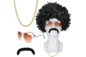 WUSANNA Afro Perücke Herren Afro Perücke 80er Jahre Outfit Perücken Fasching Perfekt Für Cosplay Halloween Kostümpartys Und Mehr (Mit Goldener Halskette Sonnenbrille Und Schnurrbart)