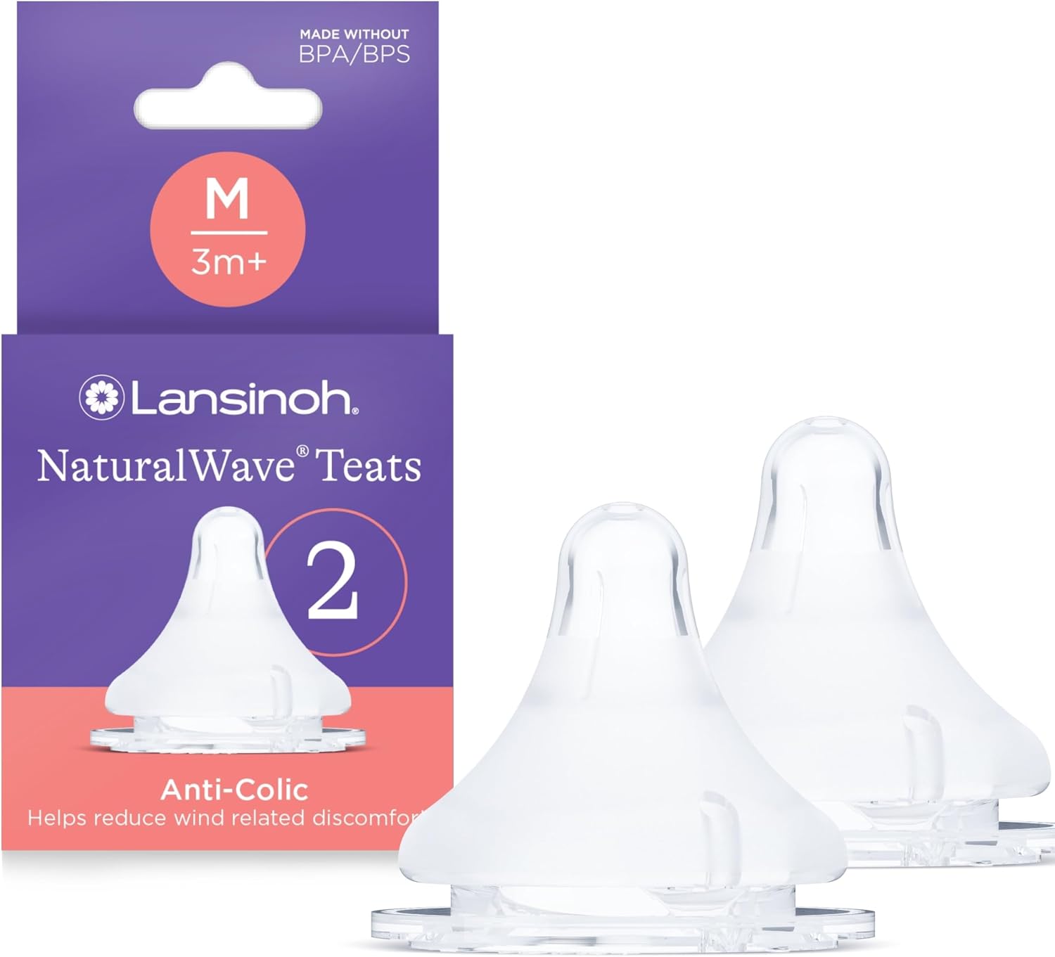 Lansinoh NaturalWave Baby Bottle Teats - Medium Flow - Anti-Colic Air Vent - BPA & BPS-Free - Clinically Proven to Reduce Nipple Confusion - Compatible with Lansinoh Bottles - 2 Pack