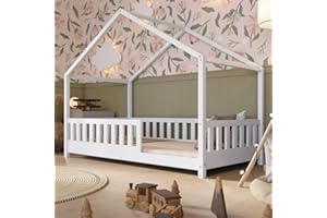 Crazy Pine Letto Casetta 200x90 cm – Legno Bianco con Barriera – Letto Montessori a Pavimento con Piedini Regolabili in Altezza e Barriera Rimovibile - Crazy House