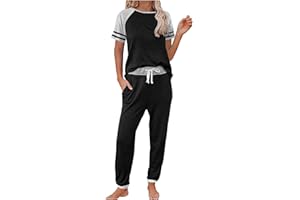 IQYU Conjunto de chándal para mujer, de algodón, para el tiempo libre, de verano, de manga corta, con cordón, traje deportivo largo, de 2 piezas, ropa deportiva, traje de yoga