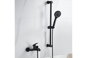 AIMOYO Badewannenarmatur Schwarz Wannenarmatur mit Handbrause Brause Mischbatterie Badewanne Wasserhahn und Brausestange Brauseschlauch, Armatur Badewanne Duschsystem Duscharmatur Set