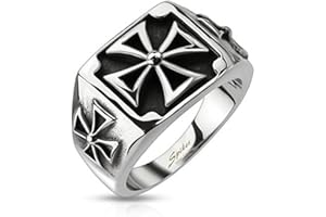 LES PLAISIRS DE STELLA Bague Homme en Acier Inoxydable Argenté - Triple Croix Gothique - Largeur 14 mm - Disponible en 6 Tailles.