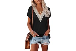 Famulily Women's Lace Trim V Neck T-Shirts, Short Petal Sleeve Summer Dressy Tops Casual Blouses S to XXL