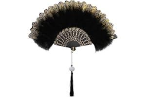 DERJDISF 1920s Abanico Plumas, Flor Bordada Estilo Vintage Abanico, Folding Handheld Feather Fan, Abanico de Pluma de Marabú para Halloween Bailando Show Tea Party Boda Costume Decoración - Black
