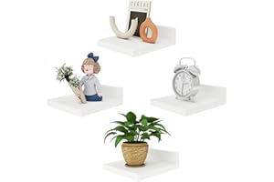 IBUYKE Mała pływająca półka, drewniana półka ścienna, zestaw 4 sztuk, stojaki ekspozycyjne, półka wisząca do sypialni, łazienki, kuchni, biała, RF-GB505W-4