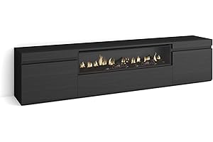 Skraut Home | Mueble TV | Televisión | Muebles de salón, almacenaje | 200x45x35cm | para TV hasta 80" | Chimenea eléctrica | Estilo Moderno | Negro