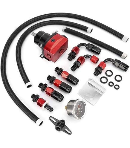 CarBole Einstellbarer Kraftstoffdruckregler (1–140 PSI) Mit Manometer – Aluminium, Rot, Inkl. Schläuche, Klemmen & Montagematerial