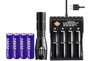 VISVIC Bright Flashlight, 5 Modes, Zoomable 18650 Torch, 4 Slot USB Battery Charger with 4 Rechargeable 18650 Batteries, Suitable for Outdoor,Cycling,Fishing,Dog Walking,Waterproof