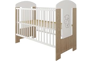 LCP Kids Lit Bebe 120x60 cm Blanc, Regable Niveaux du Base, 3 Barreaux Amoviable; Ours Creme