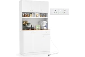 TANGZON Tall Kitchen Cupboard, 180CM Wooden Storage Cabinet with AC Outlets, USB Ports, Adjustable Shelves, Countertop, Drawer & Anti-tipping Device, Freestanding Dining Living Room Sideboard