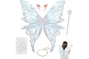 HIQE-FL Costume d'ailes de fée,Ailes de Fée Papillon pour Filles,Ailes d'elfe avec Oreilles d'elfe,Baguettes de Fée Étoile,Autocollants,Couronne de Fleur,Halloween,Carnaval,Fête à thème (J)