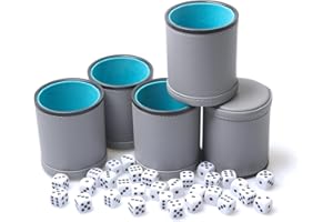 TOPTAN 5 Pack PU Leather Dice Cups Velvet Felt-Lined Shaker Cups with 30 Dot Dice for Bar Party Yahtzee Farkle Dice Games, Grey and Blue