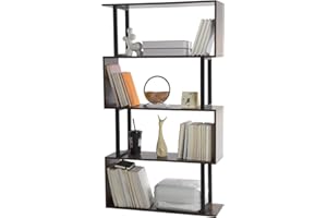 BIPOCKE 5/6 Tier S Shaped Bookshelf, Wooden Storage Freestanding Shelving Units Bookcase, Industrial Display Shelf Furniture for Living Room, Bedroom, Home Office, Plant, Organizer, Rustic Brown (71x24x126cm)