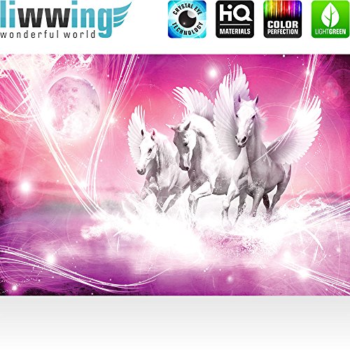 Vlies Fototapete 350×245 cm PREMIUM PLUS Wand Foto Tapete Wand Bild Vliestapete – Tiere Tapete Pegasus Wasser Mond Sterne lila Illustration Foto lila – no. 1078 - 2