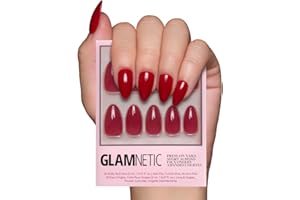 Glamnetic Press On Nails - Classic Red | Opaque Cool Tone, Timeless Red Short Almond Fake Nails, Reusable | 15 Sizes - 30 Nail Kit