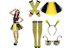 23GUANYI Bienenkostüm Erwachsene,Karneval Kostüm Damen Biene Stirnband Tüllrock Gestreifte Socken Lange Handschuhe Bienenbrille，Bienen Kostüm Damen Karneval Deko