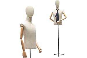 ZOUXIKOU Male Mannequin Torso with Head, Dress Form Male 53"~76" Height Adjustable Body with Tripod Metal Stand, Sewing Mens Mannequin with Detachable Flexible Solid Wood for Store Display (Natural wood)