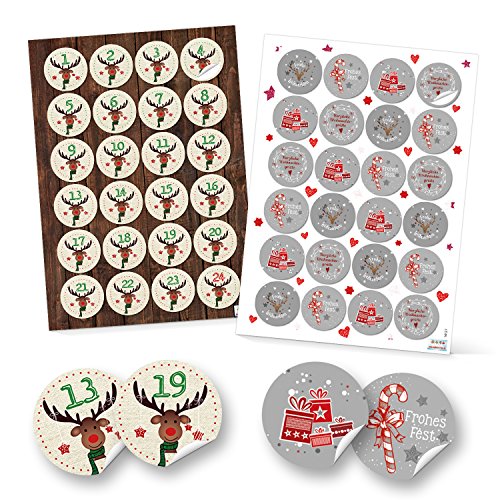 Download Kit d''autocollants imprimés de Noël : 24 chiffres de cerf + 24 Gris Blanc avec Noël Sentiments Joyeux Noël Noël Rouge (11890 + 14127), 4 cm cadeau sur Colle et imprimés Calendrier de selber bricolage