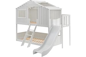 ‎JUSKYS Juskys Kinderbett Baumhaus 90 x 200 cm mit Dach, Rutsche & Leiter - Etagenbett Weiß für Kinder - 2X Lattenrost bis 150 kg - Hausbett aus Massivholz