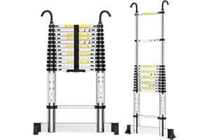 EOXCIIU Telescopic Ladder 3.7m, Aluminium Extendable Ladder with Hooks, Height Adjustment, Convenience for Home, Attic Access, etc.