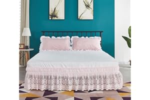 Surwin Pleated Bed Valance Sheet Single Double King, Lace Embroidery Bed Base Wrap Extra Deep Frilled Fitted Valance Sheet Easy Care Bed Skirt Soft Breathable Microfibre (100x200x38cm,Pink)