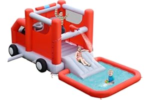 COSTWAY Inflatable Water Park, Firefighting-Themed Jumping Bouncy Castle with Slide, Splashing Pool, Outdoor Blow Up Activity Center for Kids Summer Play