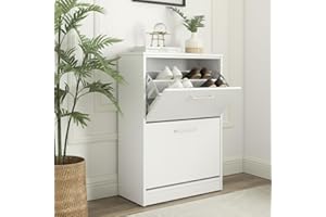 Home Treats 2 Drawer Shoe Cabinet Hallway Storage Shoe Rack Wooden Trainer Storage Organiser Narrow Entryway Shoe Cupboard 8 Pairs Flip Doors (White)