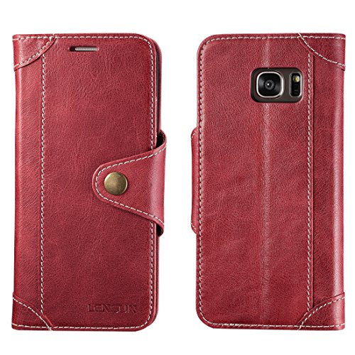 Funda Galaxy S7  Lensun Funda de Cuero Genuino con Cartera para Tarjetas y Cierre Magnetico para Samsung Galaxy S7 5 1  - Rojo Vino  S7-GT-WR 