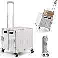 The Fellie Folding Shopping Cart Trolley with One-piece Lid, 50L & 50KG Boot Cart on 4 Wheels, Collapsible Trolley Box Cart with Telescopic Handle for Shopping Picnic Office Laundry(White Grey)