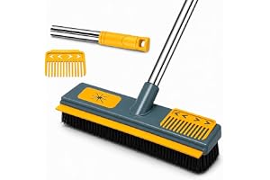 Bathroom Cleaning Brush with Wiper, Long Handle Floor Scrubber Brush with Water Wiper Blade, Heavy Duty Tile & Floor Cleaning Brush, Multipurpose Bathroom Kitchen Floor Cleaner Tool (2 in 1 Yellow)