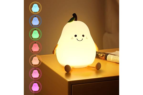 URAQT Söt Päronformad Nattlamp, LED-beröring i Mjuk Silikon för Barn, USB-laddad Sängbord med Variabel Intensitet, Mini Bord med 7 Färger för Pojkar och Flickor