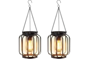 AKYNITE Lampe Solaire Exterieur Suspendue, Lanterne Solaire Exterieur Métal avec Chaîne et Crochet, IP65 Étanche Lanterne Cylindrique Decorative à Suspendre pour Terrasse Balcon Cour Jardin, lot de 2