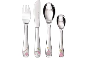 GRÄWE Princesa - Cubertería infantil de acero inoxidable, 1 set de 4 piezas, tenedor, cuchara, cuchillo y cuchara pequeña para niños a partir de 3 años, paquete de regalo