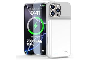 YONHUIZI Akkuhülle für iPhone 16 Pro (6,3"), 7000mAh Wiederaufladbar Batterie Ladehülle Akku mit Panzer Schutz Glas, Powerbank Hülle Zusatzakku Akku Case Akku Ladehülle Handyhülle-Weiß