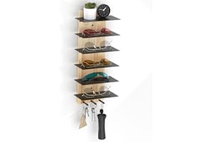 MoKo Sonnenbrillen Organizer Brillenaufbewahrung, Holz Brillenhalter Präsentationsregal mit 6 Ebenen & 3 Haken, Wandorganizer Schlüsselbrett für Eingangsbereich Wohnzimmer Schlafzimmer, Holz + Schwarz
