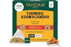 VAHDAM, Turmeric Ashwagandha Tisana (100 Piramidales Bolsitas De Té) Libre De Cafeína | Cúrcuma Y Especias Frescas, 100% Pura Y Natural | Caliente, Frío O Como Kombucha