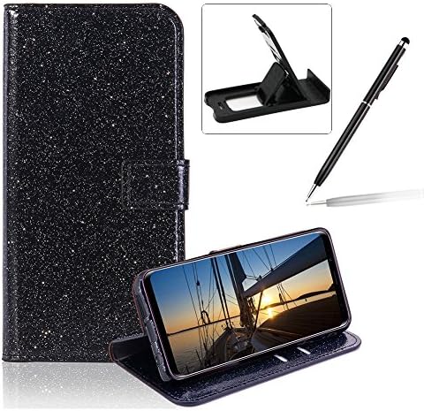 Wallet Leather Case for Samsung Galaxy S9 Plus,Flip Cover for Samsung Galaxy S9 Plus,Herzzer Stylish Premium Solid Color Black Glitter Magnetic Closure Stand Case with Inner Soft Rubber Protective Case