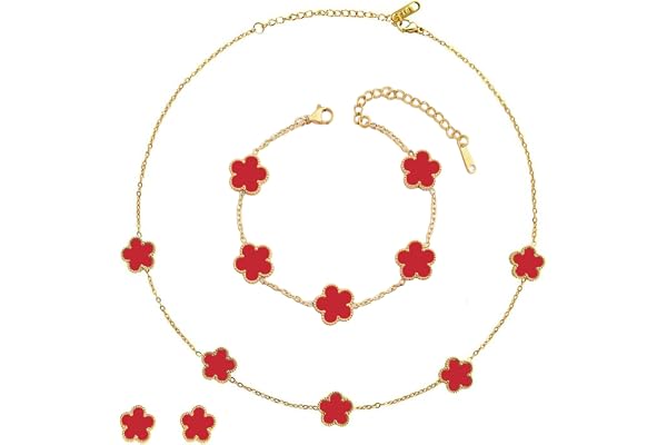 ZHITENG Smyckesset med fem klöverblad, justerbar fembladig klöverarmband, blommönster kedja, set om 3 delar, lämplig för fru