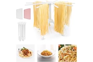 ZACUDA Pasta Dryer Rack Foldable Spaghetti Dryer Plastic Pasta Rack Dryer Collapsible Noodle Stand with 10 Bar Handles Pasta Tree Stand for Drying for Homemade Spaghetti(with 2 Scrapers,White/Pink)