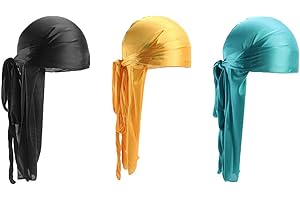 DEOLVEN Durag Cap,3 Pack Activating Silky Durag Pirate 40 Inch Long Tail Headwraps Wide Head Wraps Headscarf for Men Women Hip-hop and Daily Decoration Black Blue Yellow