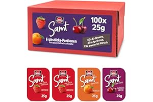 ‎SCHWARTAU Schwartau Samt Portionen Mix-Box, Konfitüre Portionsschalen (50 x Erdbeere, 25 x Aprikose, 25 x zweierlei Kirsch), Großpackung, 100 x 25g