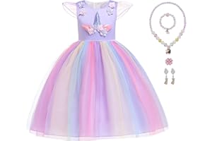 Aomig Vestito Unicorno Bambina, Vestito Unicorno Principessa Costume Carnevale per Ragazze, Princess Unicorno Abito con Collana Bracciale Anello Orecchini, per Halloween Natale