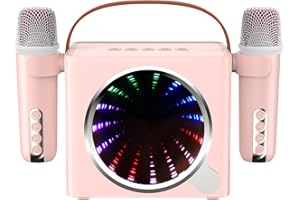 TAIKOUL Machine à karaoké avec 2 Microphones sans Fil, Enceinte karaoké Bluetooth pour Adultes et Enfants avec lumières de fête Supporte TF/USB, AUX in, FM, Rec, TWS pour karaoké, Fête, Anniversaire (Rosa)