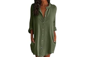 Iuyhau Women's Oversized Linen Shirts Plus Size Baggy Comfy Blouses Tops Half Sleeve Button Up Mid-Long Shirts V Neck Work Plain Tops Tunic Tee Mini Dress with Pockets