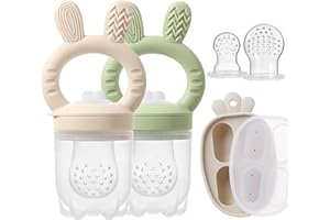 ILEYLUY 3 Packs Silicone Baby Fruit Feeder with Freezer Nibble Tray Combo, Baby Fresh & Frozen Food Feeder Popsicle Molds for Teething Relief Includes Extra Food Pouches (Beige+Green)